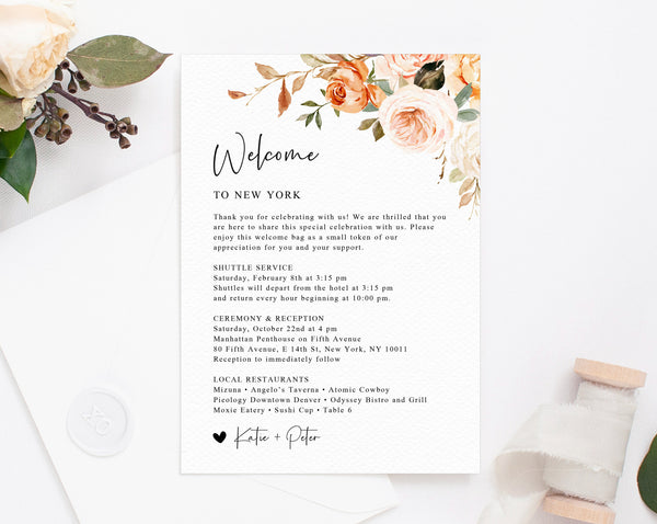 Rustic & Nude Welcome Letter Template, Wedding Itinerary Card, Welcome Bag Letter, Wedding Agenda, Printable Hotel Welcome Note, W51
