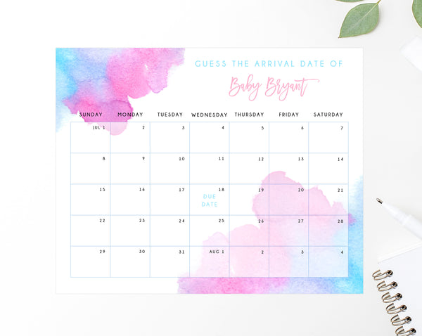Due Date Calendar Template, Baby Due Date Game, Printable Birthday Predictions, Baby Shower Guess The Due Date, Gender Reveal Games, B14