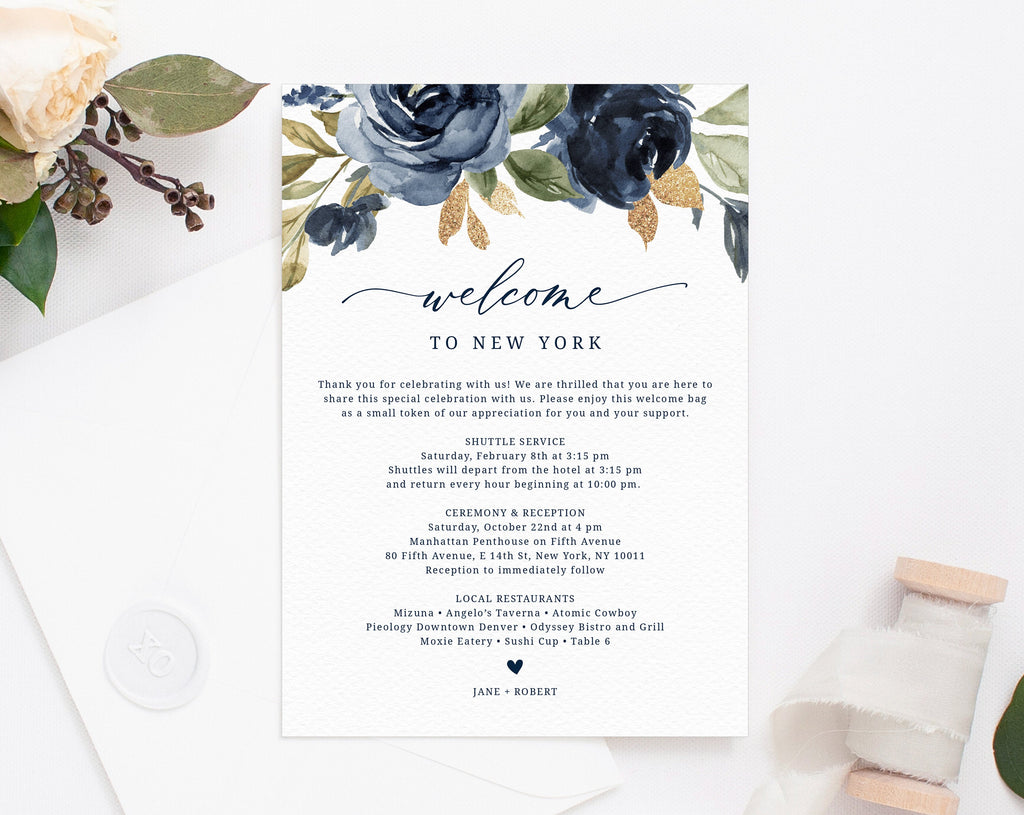 Welcome Letter Template, Wedding Itinerary Card, Greenery Welcome Bag
