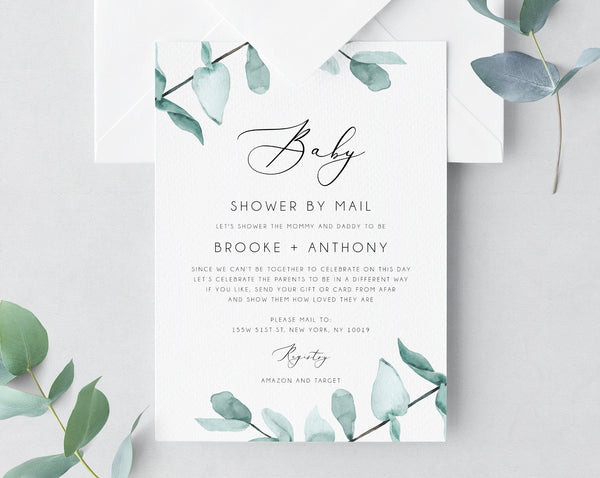 Baby Shower By Mail Template, Social Distancing, Eucalyptus Baby Shower Invitation, Long Distance Baby Shower Template, Templett, B21