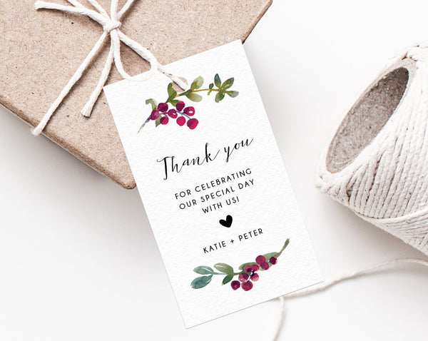Winter Berries Christmas Gift Tag Template, Winter Wedding Favor Tag, Winter Burgundy Wedding Favor Label, Holidays, Templett, W53