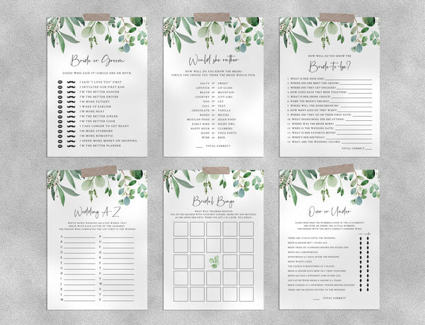 Bridal Shower Game Templates Bundle, Greenery Bridal Shower Games Instant Download, Engagement Party, Wedding Shower, Templett, W48