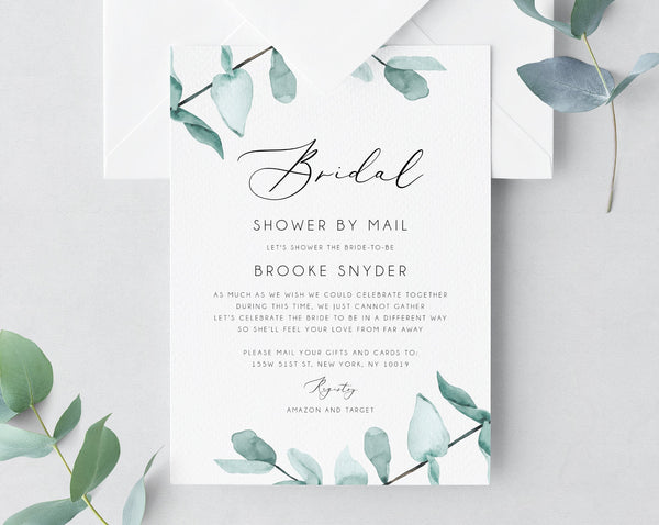 Bridal Shower By Mail Template, Social Distancing, Eucalyptus Bridal Shower Invitation, Long Distance Bridal Shower Template, Templett, W21