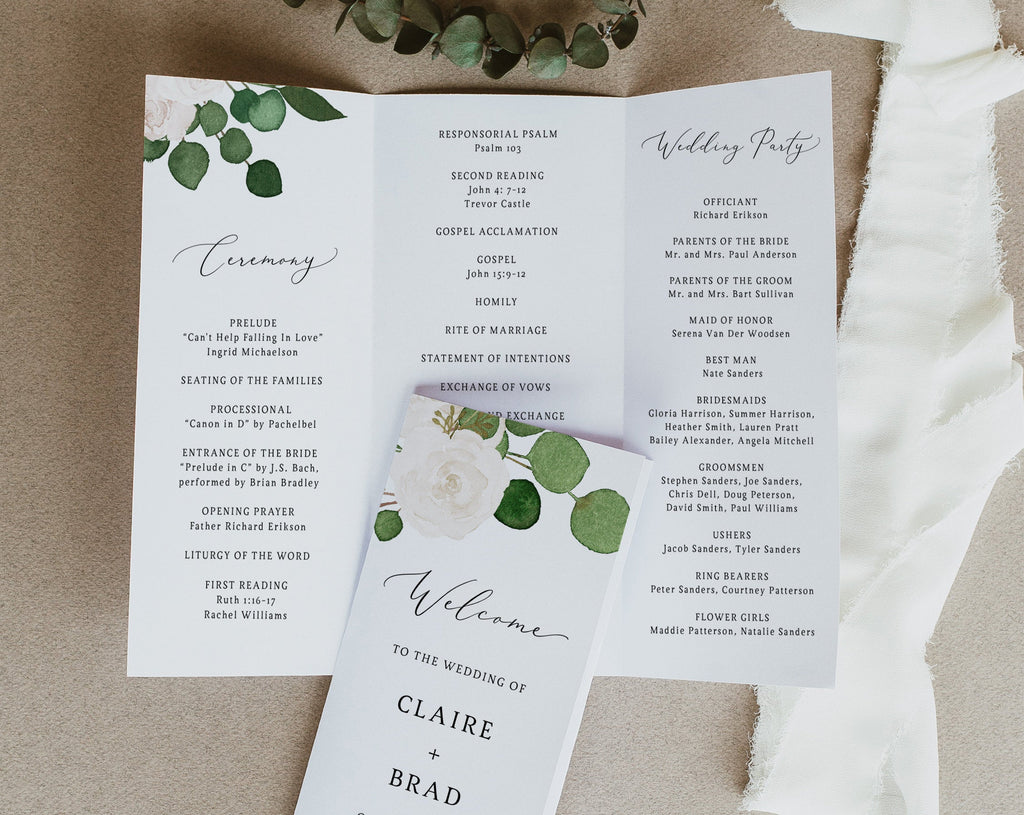 TriFold Greenery Wedding Program Template, Printable Folded Wedding P