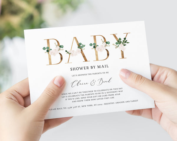 White and Greenery Baby Shower By Mail Template, Social Distancing Baby Shower Invitation, Long Distance Baby Shower Template, Templett, B42