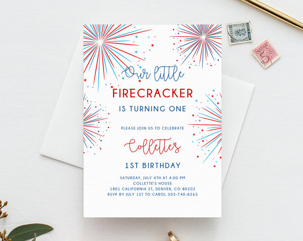4th of July Birthday Invitation Template, Printable Little Firecracker Birthday Invitation, Independence Day Fireworks, Templett