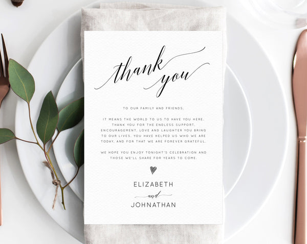 Thank You Place Card For Wedding Template, Printable  Thank You Note Seating Card, Wedding Place Cards, Instant Download, Templett, W02