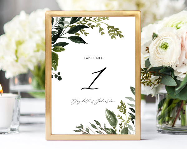 Greenery Wedding Table Number Template, Printable Boho Chic Wedding Table Numbers, Greenery Table Numbers Card Template, Templett, W54B