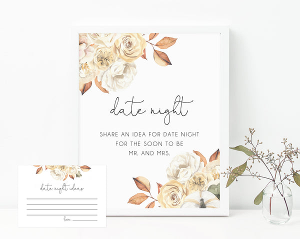 Date Night Ideas Sign, Fall Bridal Shower Date Night Suggestions Sign, Printable Date Ideas Notecards 8 x 10, Wedding, Instant Download, B35, W55