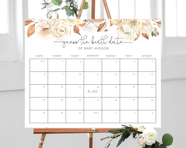 Fall Baby Shower Due Date Calendar Template, Baby Due Date Game, Printable Baby Birthday Predictions, Guess The Due Date, Templett, B35