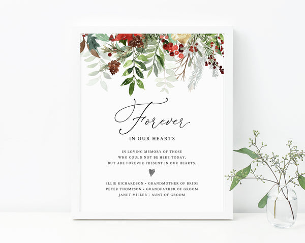 In Loving Memory Sign Template For Winter Wedding, Printable Forever In Our Hearts, Christmas Wedding Memorial Sign 8 x 10, Templett, W46