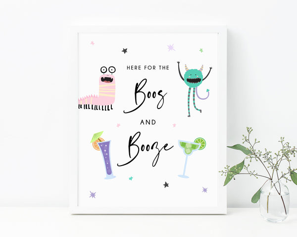 Pastel Halloween Party Boos and Booze Sign, Printable Monster Mash Decoration, Drinks Sign, Bar, Cocktails, Templett, B25