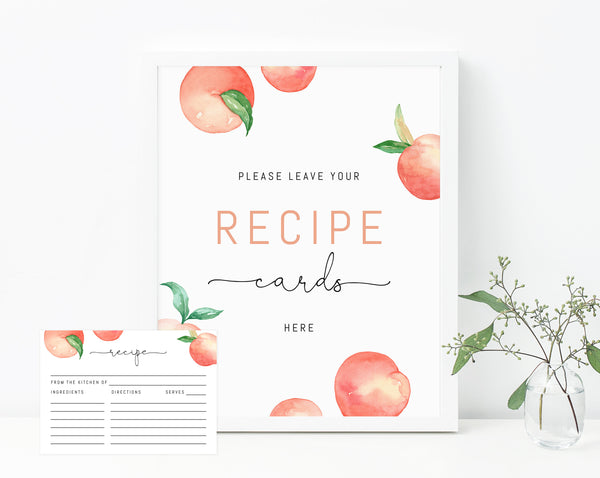 Peach Recipe Cards Template, Printable Peach Themed Recipes Sign, Peach Bridal Shower Recipe Card, Templett, B15