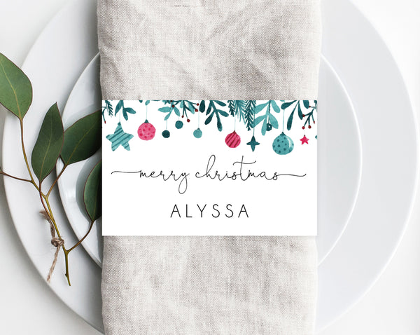 Christmas Napkin Ring Template, Printable Christmas Place Cards, Holiday Party Place Cards, Editable Template, Christmas Party, Templett