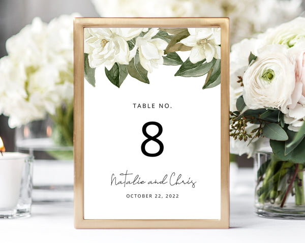 Magnolia Wedding Table Number Template, White Floral Wedding Table Numbers, Printable Wedding Table Number, Templett, W35