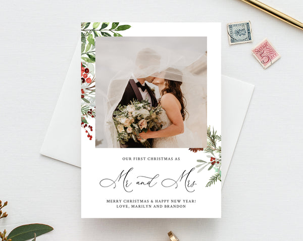 Newlywed Christmas Photo Card Template, Married Christmas Card, Printable First Christmas, Just Married, Instant Download, Templett, W46