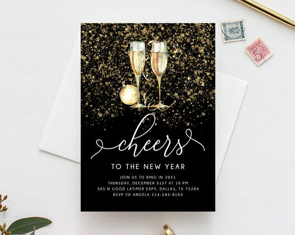 New Years Eve Party Invitation Template, Gold New Years Invitation, Printable NYE Invite, Editable Party Invitations, Templett, H03