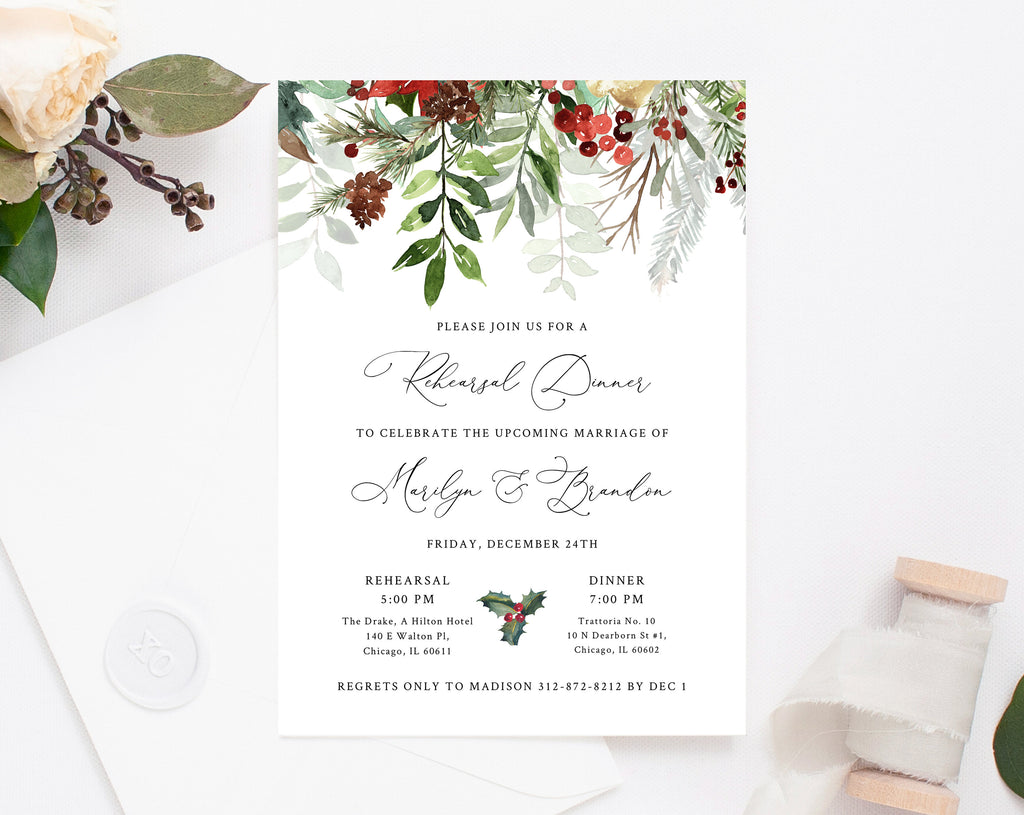 Winter Wedding Rehearsal Dinner Invitation Template, Christmas Wedding 