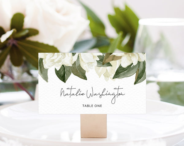 Magnolia Wedding Place Cards Template, White Floral Wedding Table Cards, Printable Wedding Seating Tent Cards, Templett, W35