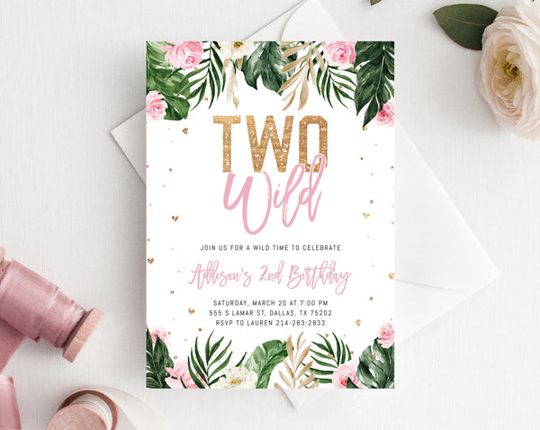 Two Wild Invitation Template, Printable Wild 2nd Birthday Invitation, Pink and Gold 2nd Birthday Party, Instant Download, Templett