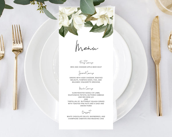 Magnolia Wedding Menu Template, Printable White Floral Menu, Editable Wedding Menu, DIY Wedding Menu, Instant Download, Templett, W35