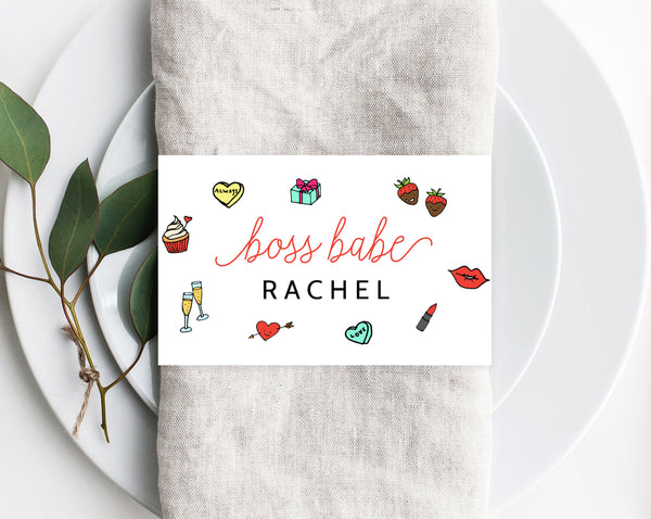 Boss Babe Galentine&#39;s Day Party Napkin Ring Template, Printable Galentine&#39;s Brunch Place Cards, Girls Dinner Editable Template, Templett
