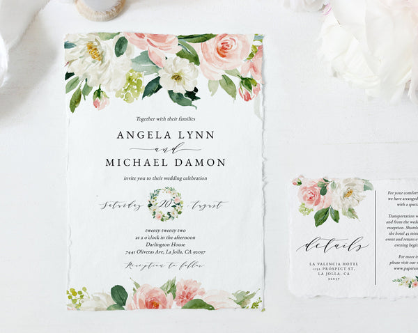 Wedding Invitation Template, Printable Wedding Invitation Suite, Blush Flowers Wedding Invitation Set, Floral Wedding, Templett, W29