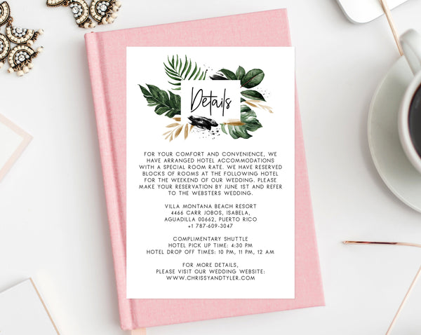 Wedding Details Card Template, Printable Details Insert, Tropical Wedding Enclosed Card, Palm Leaves Details Card, Templett, W44