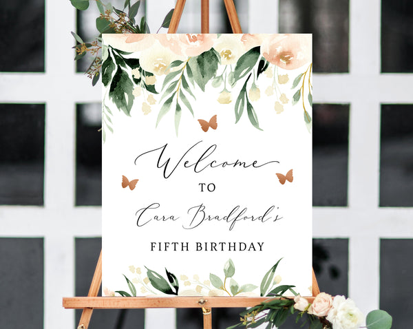 Butterfly Birthday Welcome Sign Template, Rose Gold Butterfly Birthday Welcome Sign Printable, Butterflies Birthday Sign, Templett