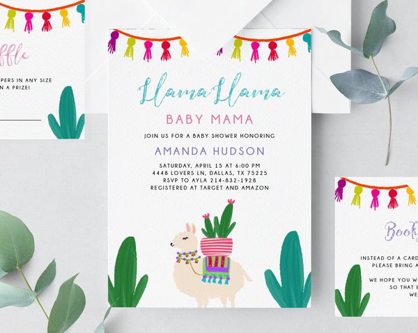 Llama Baby Shower Invitation Template, Printable Llama Llama Baby Mama Invitations, Baby Shower Fiesta Invite, Templett, B31