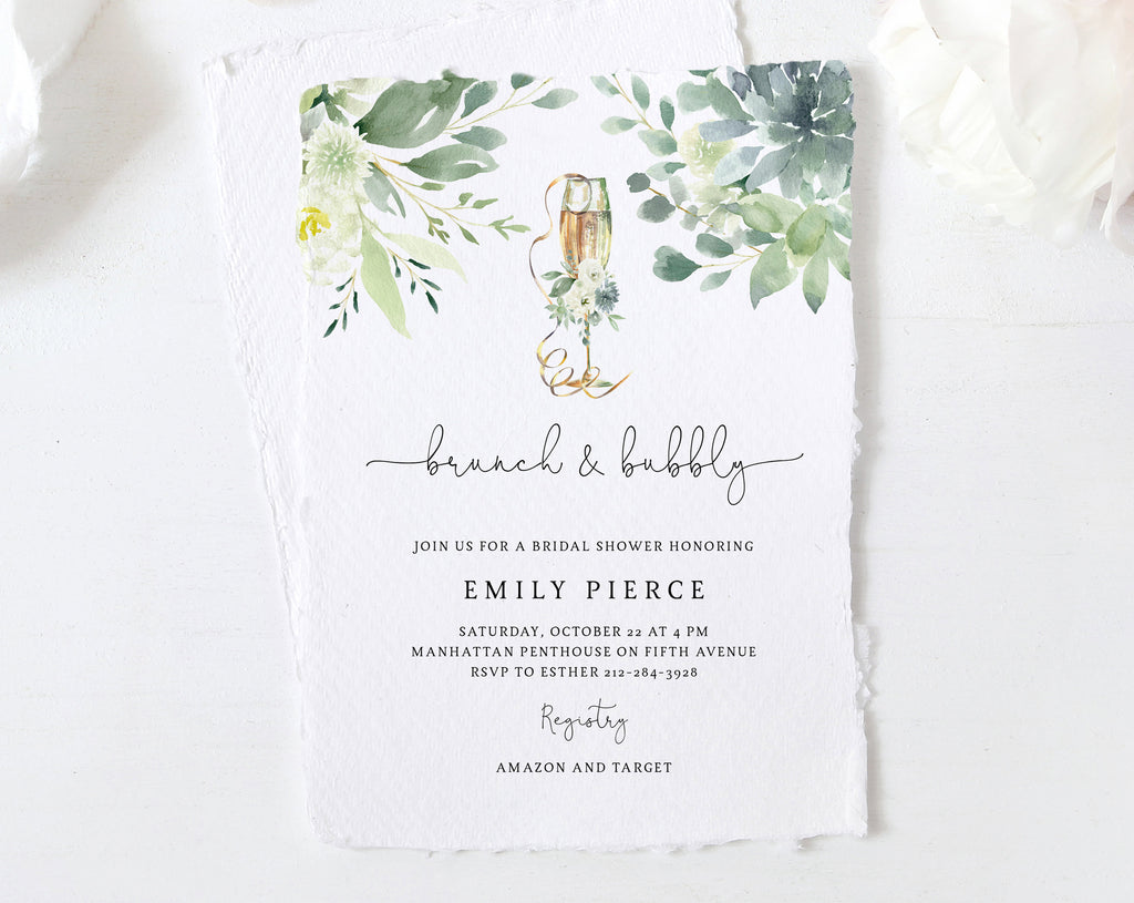 bridal shower invitations with succulents Brunch & Bubbly Bridal Shower Invitation Template, Greenery and Succul