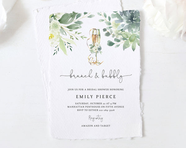 Brunch & Bubbly Bridal Shower Invitation Template, Greenery and Succulent Bridal Shower Brunch Invitation, Bridal Brunch, Templett, W40