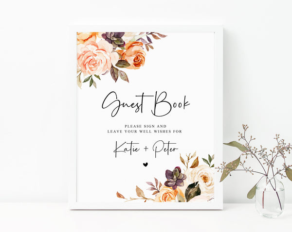 Warm Floral Wedding Guest Book Sign Template, Fall Wedding Wishes for the Newlyweds, Printable Advice Sign, Best Wishes, W51