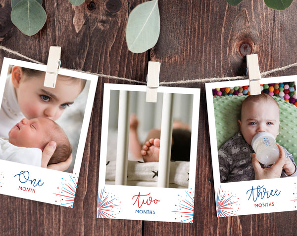 Firecracker First Year Photos Banner Template, Printable First Birthday Monthly Photo Banner, 12 Months Photos, 4th Of July, Templett