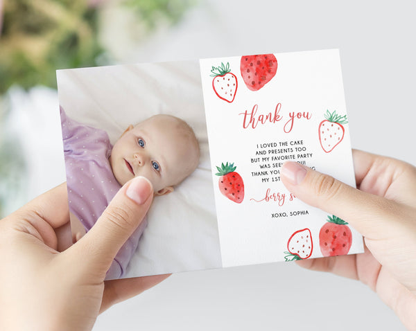 Berry Thank You Card Template, Berry Sweet Birthday Thank You Photo Card, Strawberry Themed Birthday Card, Instant Download, Templett, B49