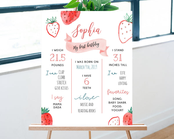 Berry 1st Birthday Poster Template, Printable Strawberry First Birthday Chalkboard Sign, Milestone Poster Board, Templett, B49