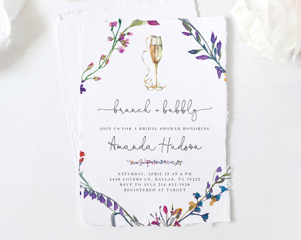Brunch and Bubbly Bridal Shower Invitation Template, Printable Vibrant & Colorful Wild Flowers Bridal Shower Invitation, Templett, B16