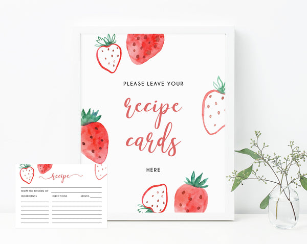 Berry Recipe Cards Template, Printable Strawberry Themed Recipes Sign, Berry Bridal Shower Recipe Card, Templett, B49