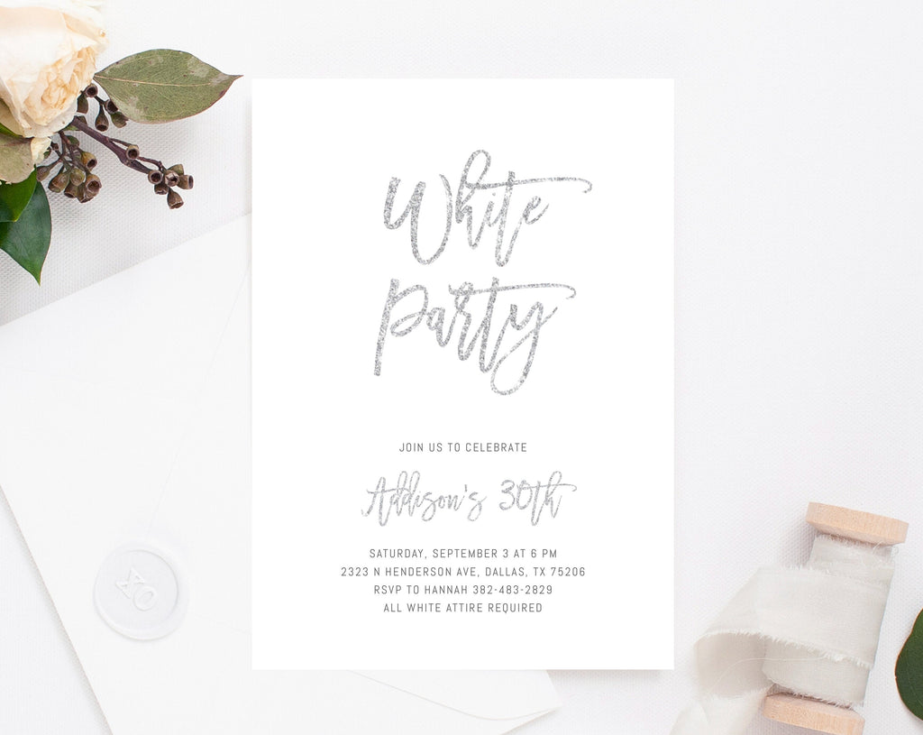 All White Party Invitation Template, White Birthday Party Invitation,