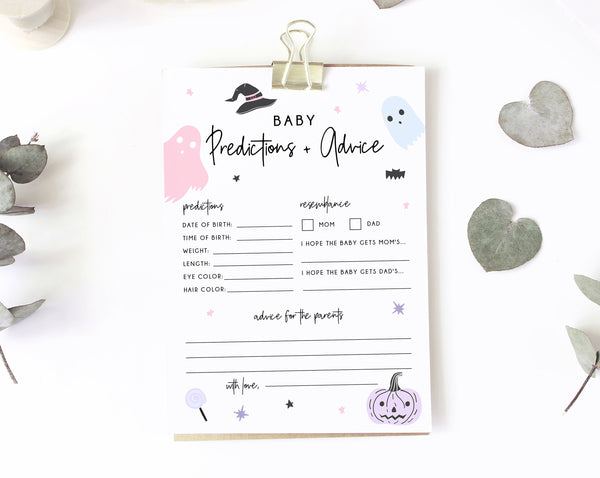 Halloween Baby Predictions and Advice Template, Printable Pastel Halloween Themed Advice For Parents To Be, Baby Shower Game, Templett, B24