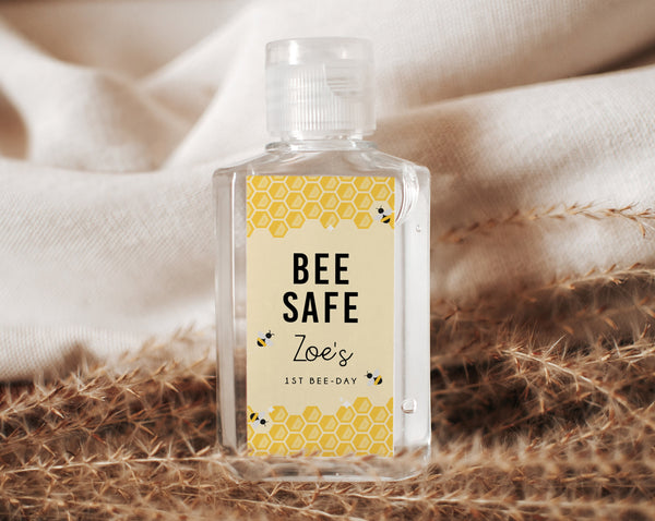 Bee Day Birthday Hand Sanitizer Label Template, Bee-Day Favor Label, Bee Safe Mini Hand Sanitizer Label, Templett
