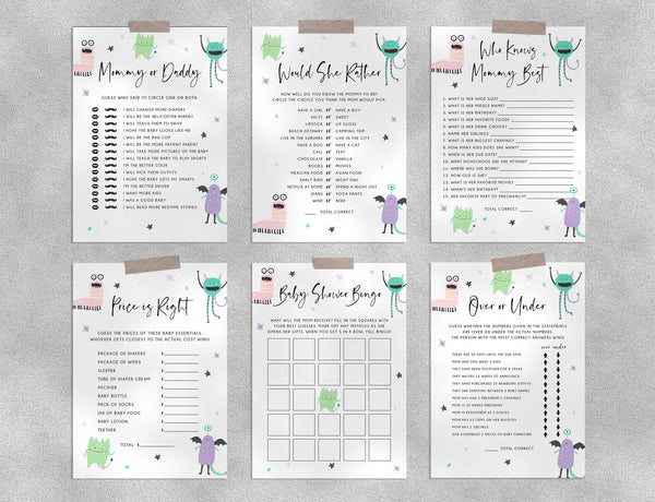 Monster Mash Baby Shower Game Templates Bundle, Spooky Baby Shower Games Instant Download, Halloween Themed, Templett, B25