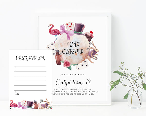 Alice In Onederland Time Capsule Sign Template, Editable First Birthday Time Capsule With Matching Cards, Guest Book, Templett