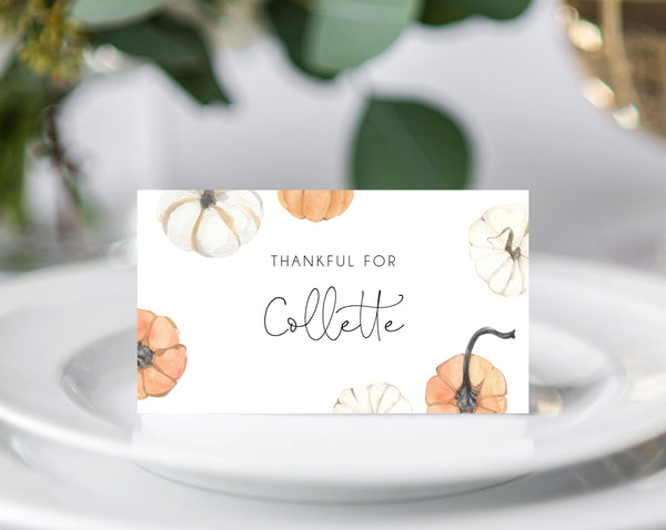Pumpkin Place Cards Template, Thanksgiving Party Table Cards, Printable Friendsgiving Seating Tent Cards, Templett, W55, B35