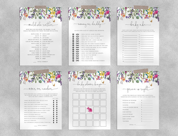 Wild Flowers Baby Shower Game Templates Bundle, Spring Baby Shower Games Instant Download, Templett, B16
