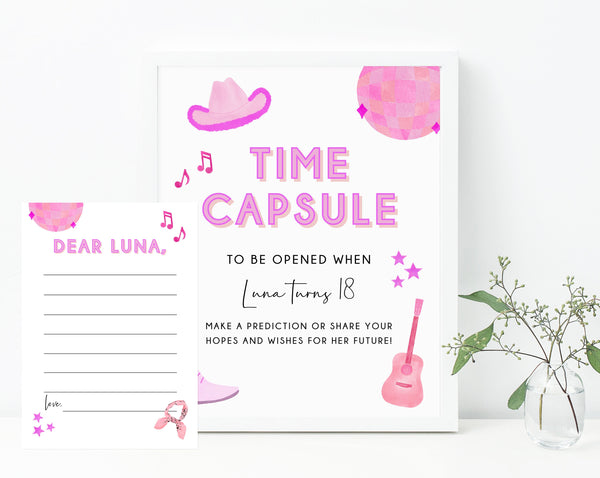 Space Cowgirl Time Capsule Sign Template, Cowgirl Time Capsule, Editable First Birthday Time Capsule With Matching Cards, Templett, B55