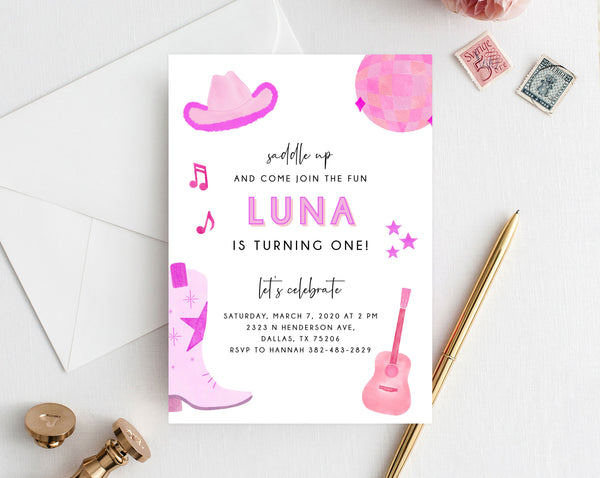 Space Cowgirl Birthday Invitation Template, Printable Cowgirl Birthday Invitation, First Rodeo Invitation, Disco Themed Party, Templett, B55