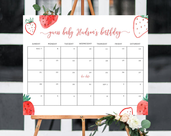 Strawberries Due Date Calendar Template, Berry Sweet Baby Due Date Game, Baby Birthday Predictions, Guess The Due Date, Templett, B49