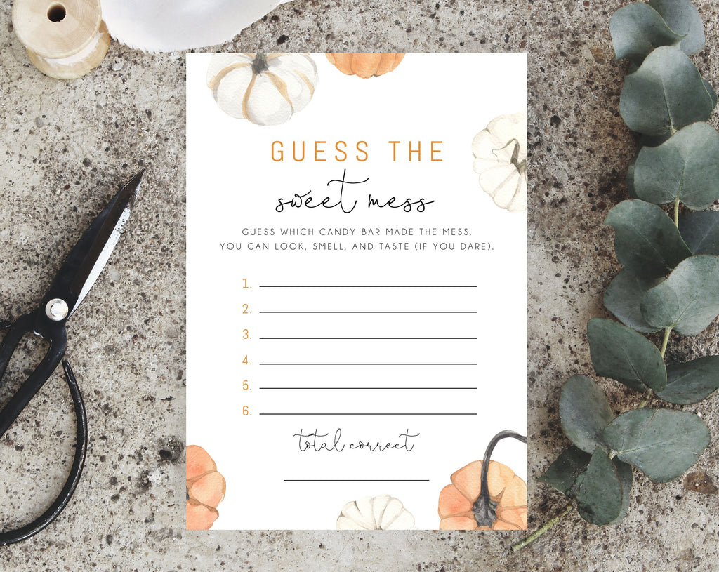 Pumpkin Guess the Sweet Mess Baby Shower Game Template, Candy Bar Game | paperandthings pumpkin-guess-the-sweet-mess-baby-shower-game-template-candy-bar-game-paperandthings