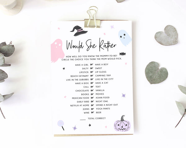 Pastel Halloween Baby Shower Game Template, Halloween Themed Would She Rather Game, Instant Download, Halloween Themed, Templett, B24